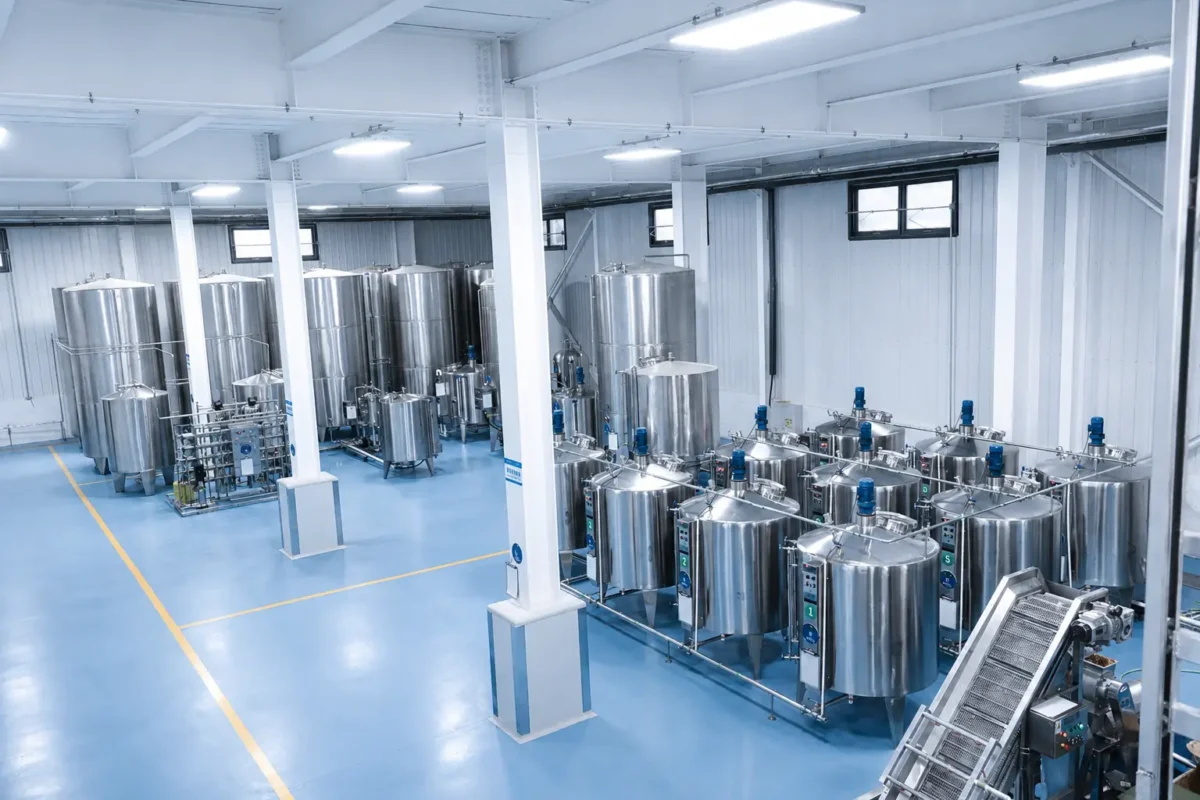 GMP-compliant TCM decoction piece production workshop at Guocao Pharmaceutical facility in Pingliang, Gansu, with stainless steel processing equipment
