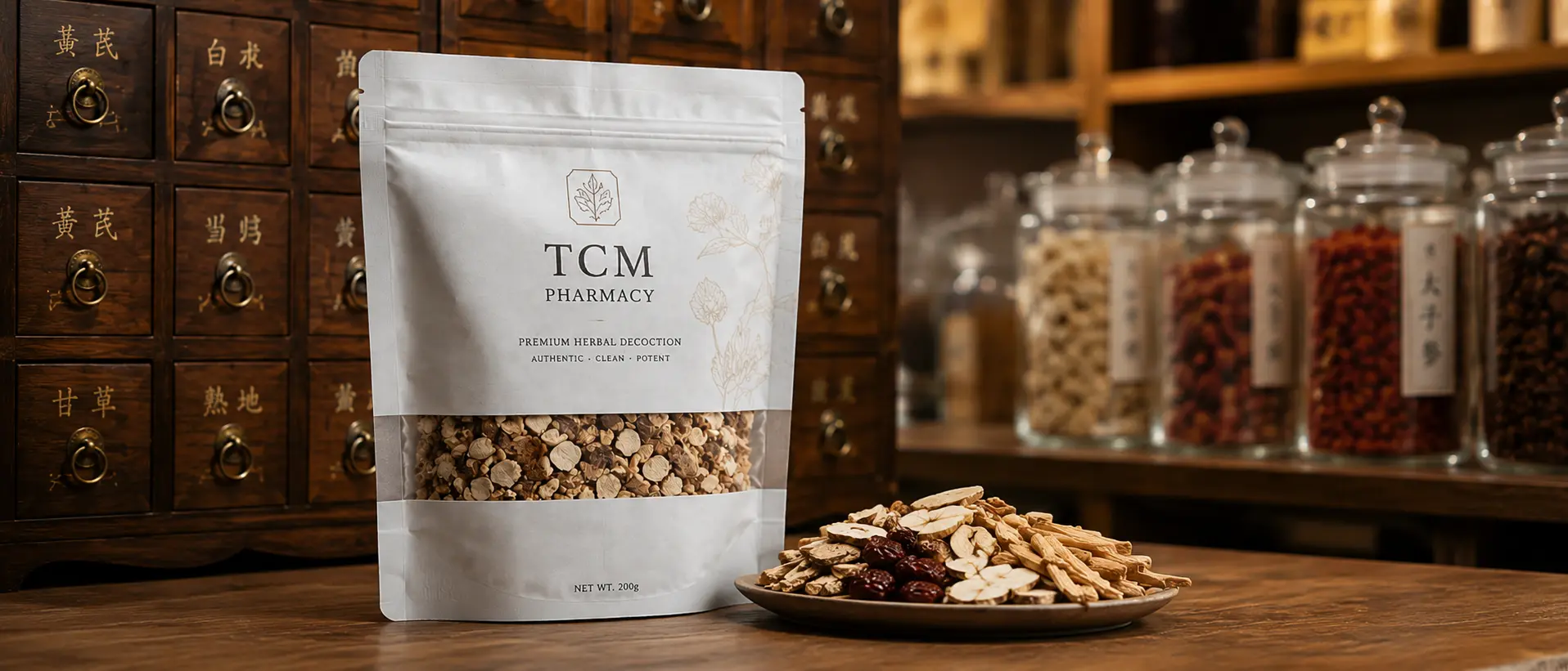 Dispensing-grade TCM decoction pieces with pinyin labeling supplied by Guocao Pharmaceutical to traditional Chinese medicine pharmacies and clinics