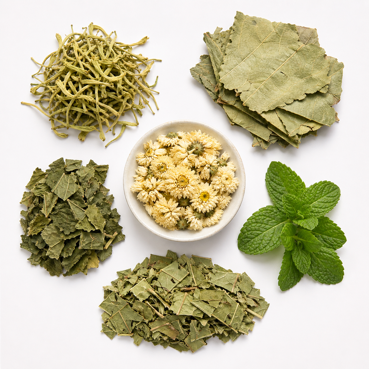 Dried Chinese flower and leaf herbs including honeysuckle flower, chrysanthemum, mulberry leaf, lotus leaf, and mint leaf