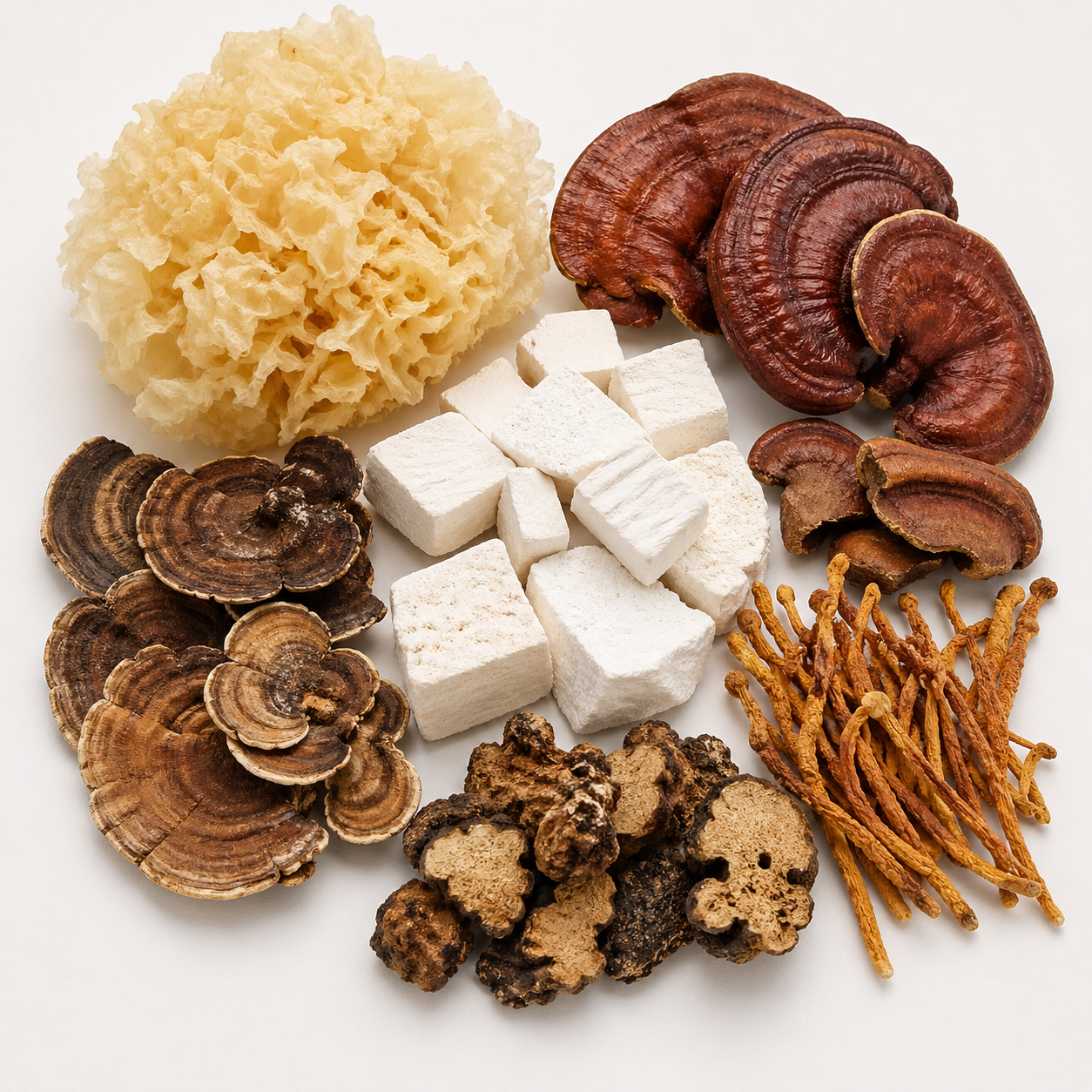 Selected Chinese fungi and specialty herbs including poria cocos, tremella, reishi mushroom, and other dried herbal materials