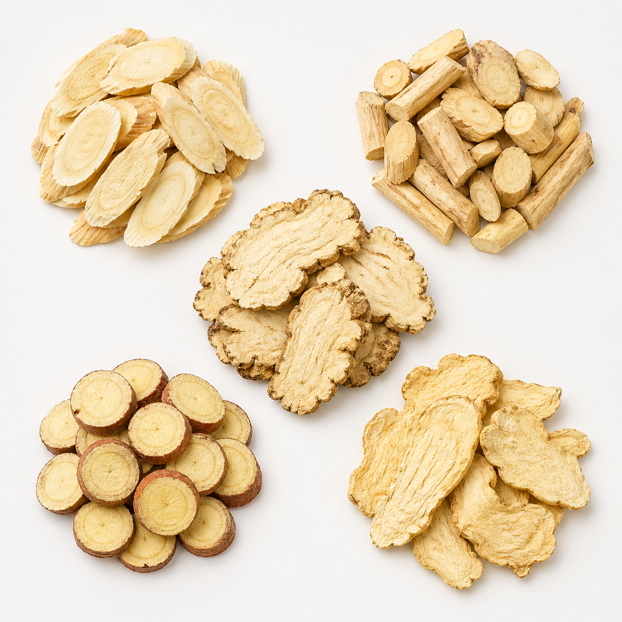 Bulk root and rhizome Chinese herbal slices including astragalus, codonopsis, angelica, licorice root, and dried ginger