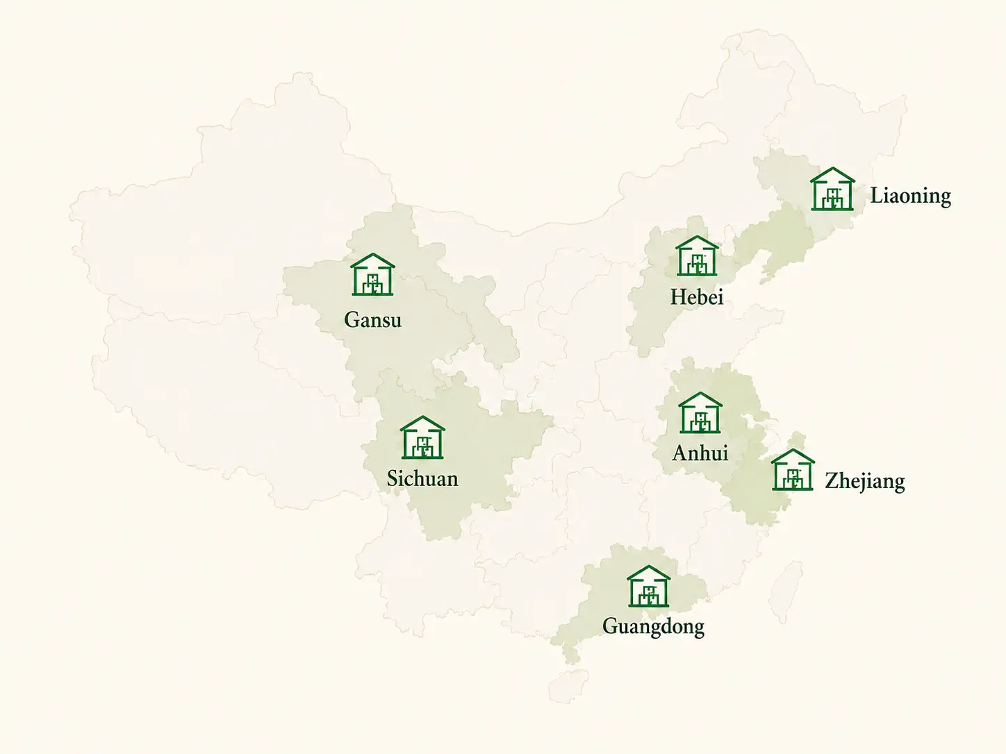 seven sourcing warehouses china map gansu sichuan anhui zhejiang hebei liaoning guangdong