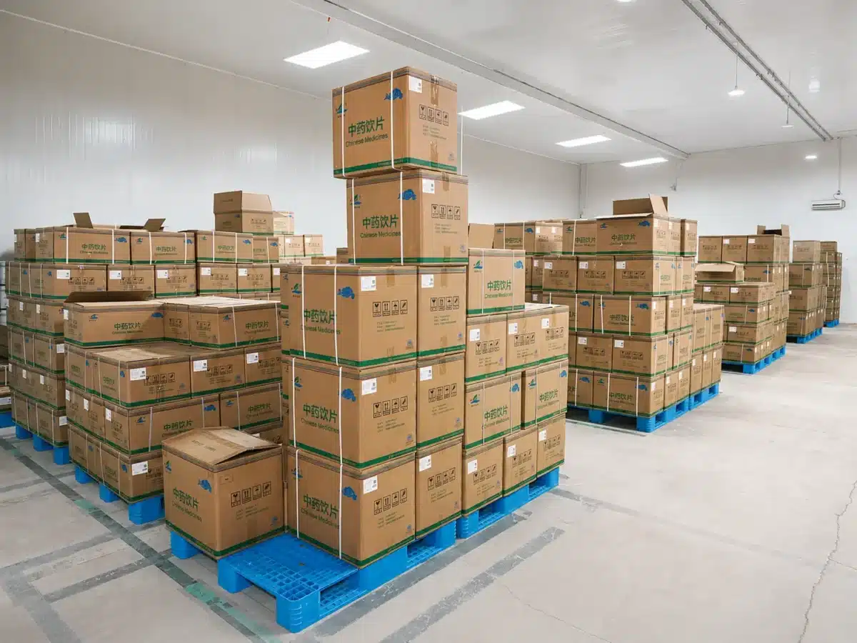 Labeled herbal product cartons in warehouse storage with batch codes for full traceability