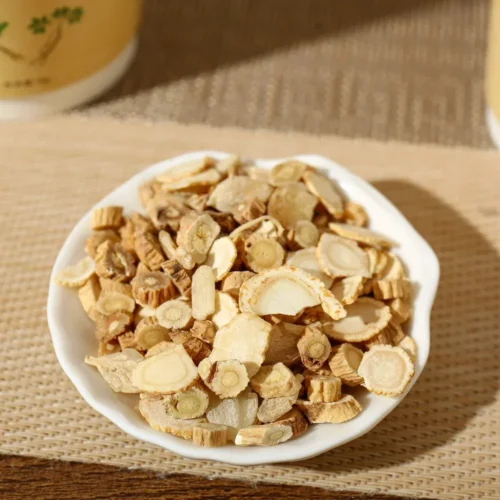 Close-up detail of astragalus ophiopogon codonopsis herbal tea in cup