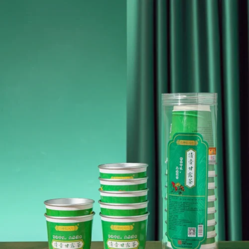 Barley cassia seed monk fruit herbal tea in cup product display