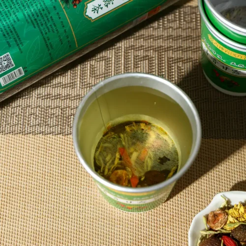 Close-up detail of barley cassia seed monk fruit herbal tea in cup