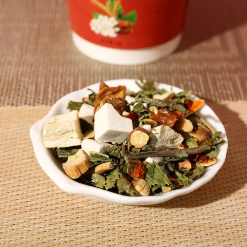 Barley chicory kudzu herbal tea in cup package display