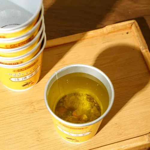 Close-up detail of barley kudzu mulberry leaf herbal tea in cup