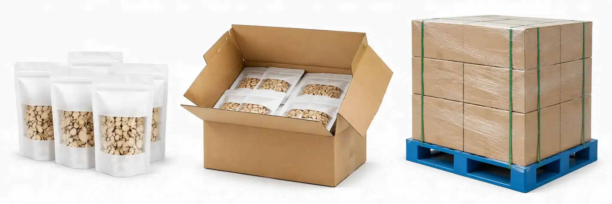 Bulk export packing for Chinese herbs — inner bags, outer cartons and pallet
