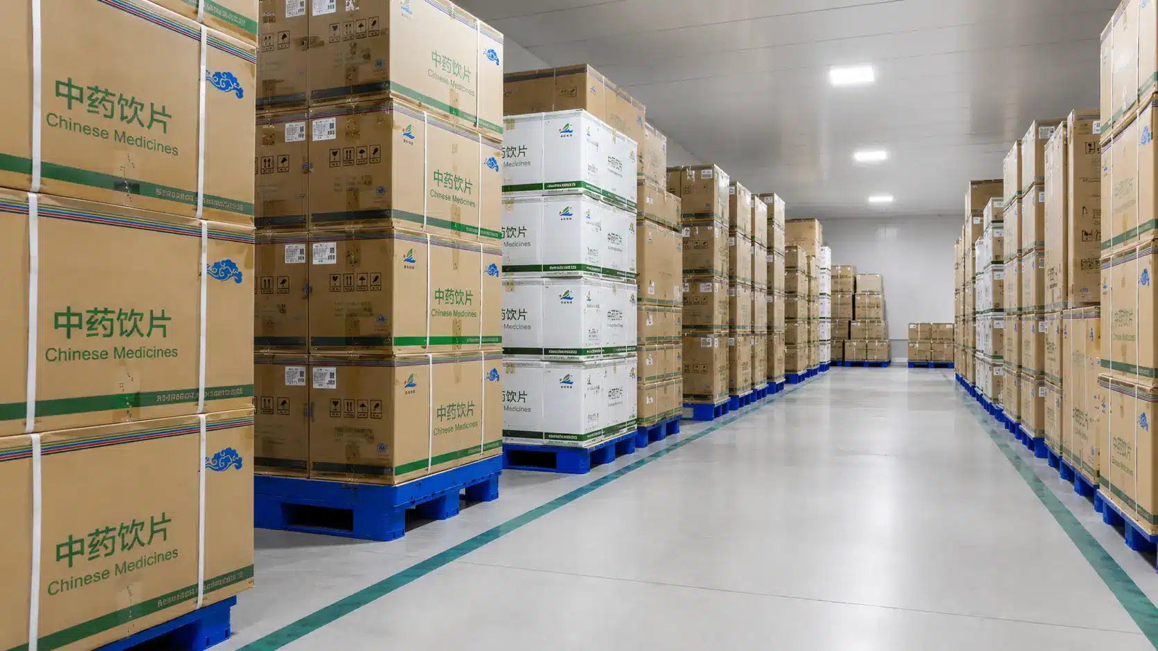 Warehouse pallets of packed herbs for bulk shipment