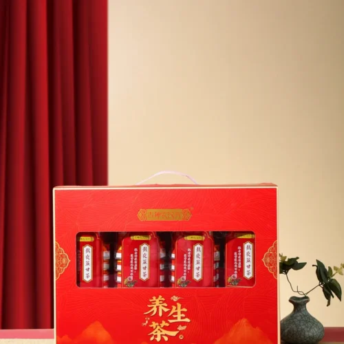 Burdock dandelion goji herbal tea in cup product display