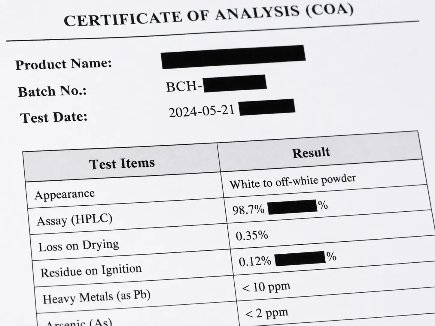 COA for Chinese herbal slices showing batch number test date and test items
