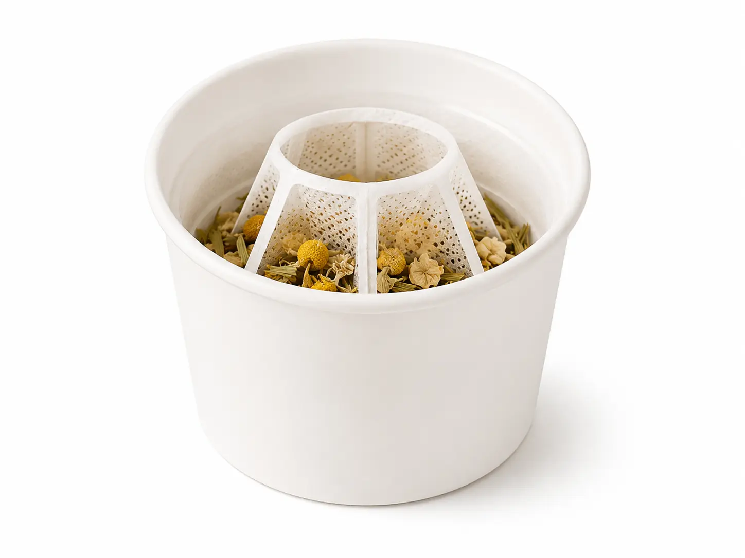 Cup with concealed inner filter holding loose herbal tea leaves