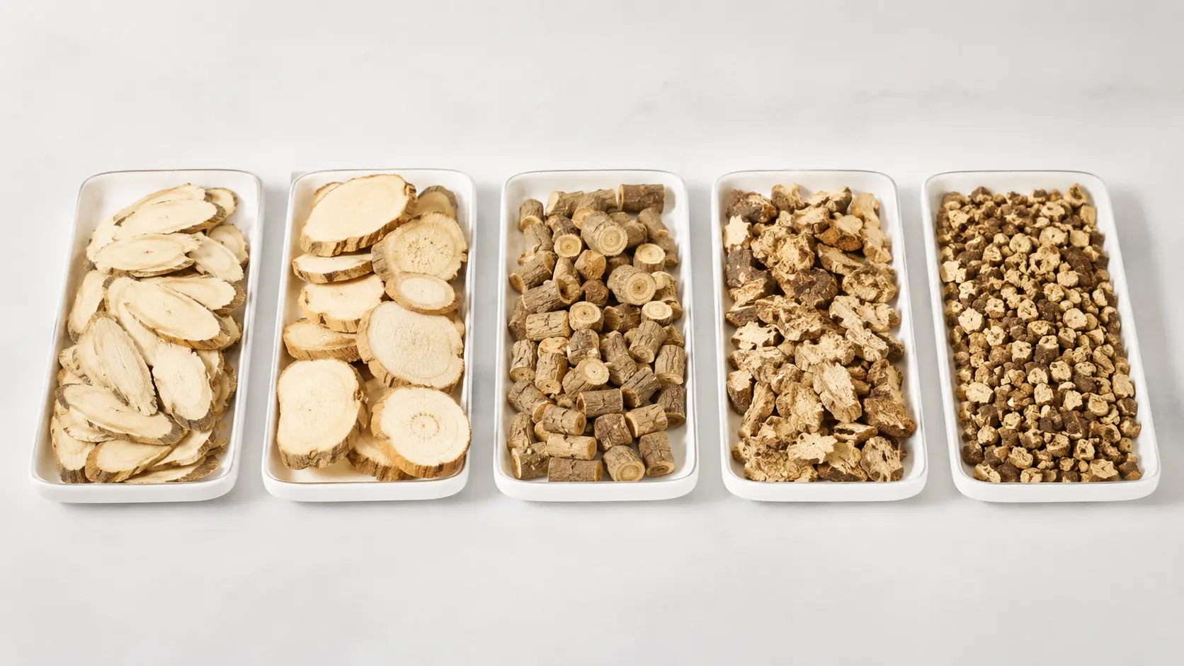 Range of Chinese herbal slice cut types including slice, chunk, granule and decoction piece formats
