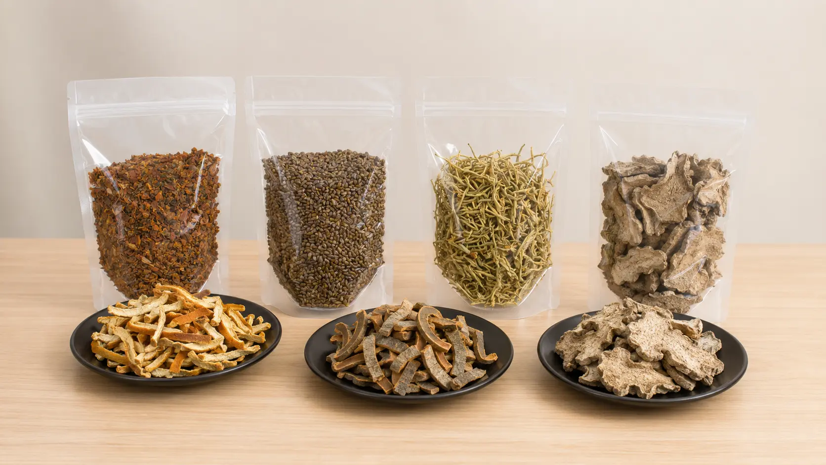  Packaged Chinese herb slices for herbal pharmacy dispensing