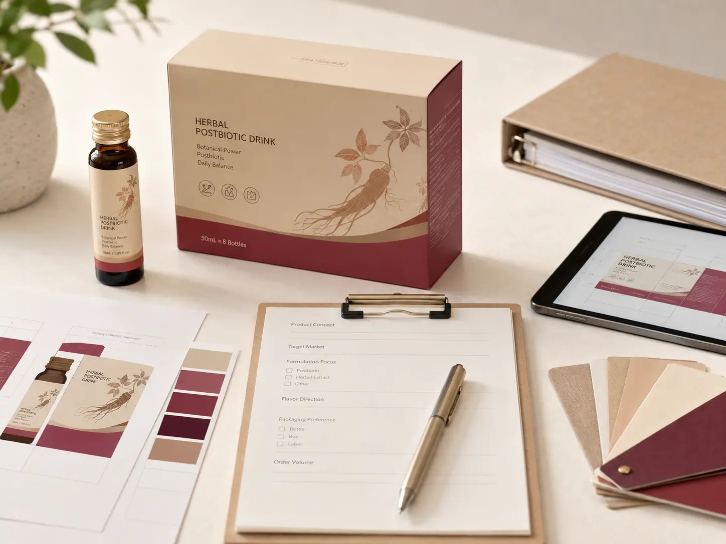 Business professionals reviewing herbal postbiotic drink samples and documents