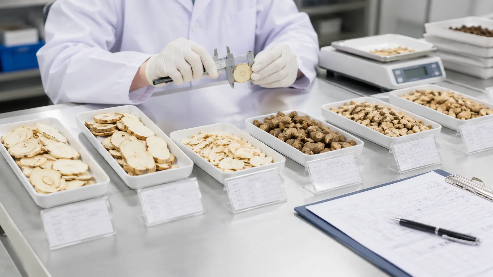 Quality control staff inspecting custom-cut herbal slices with calipers across multiple sample trays