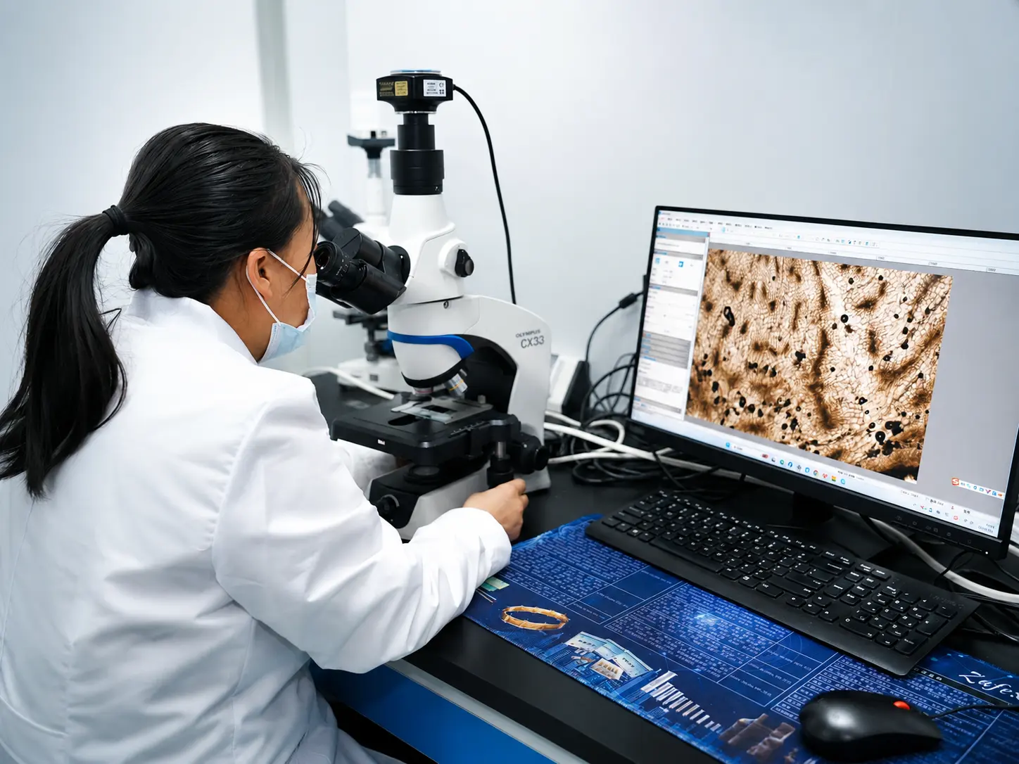 Microscopic identification of Chinese herbal slices in the production facility's laboratory