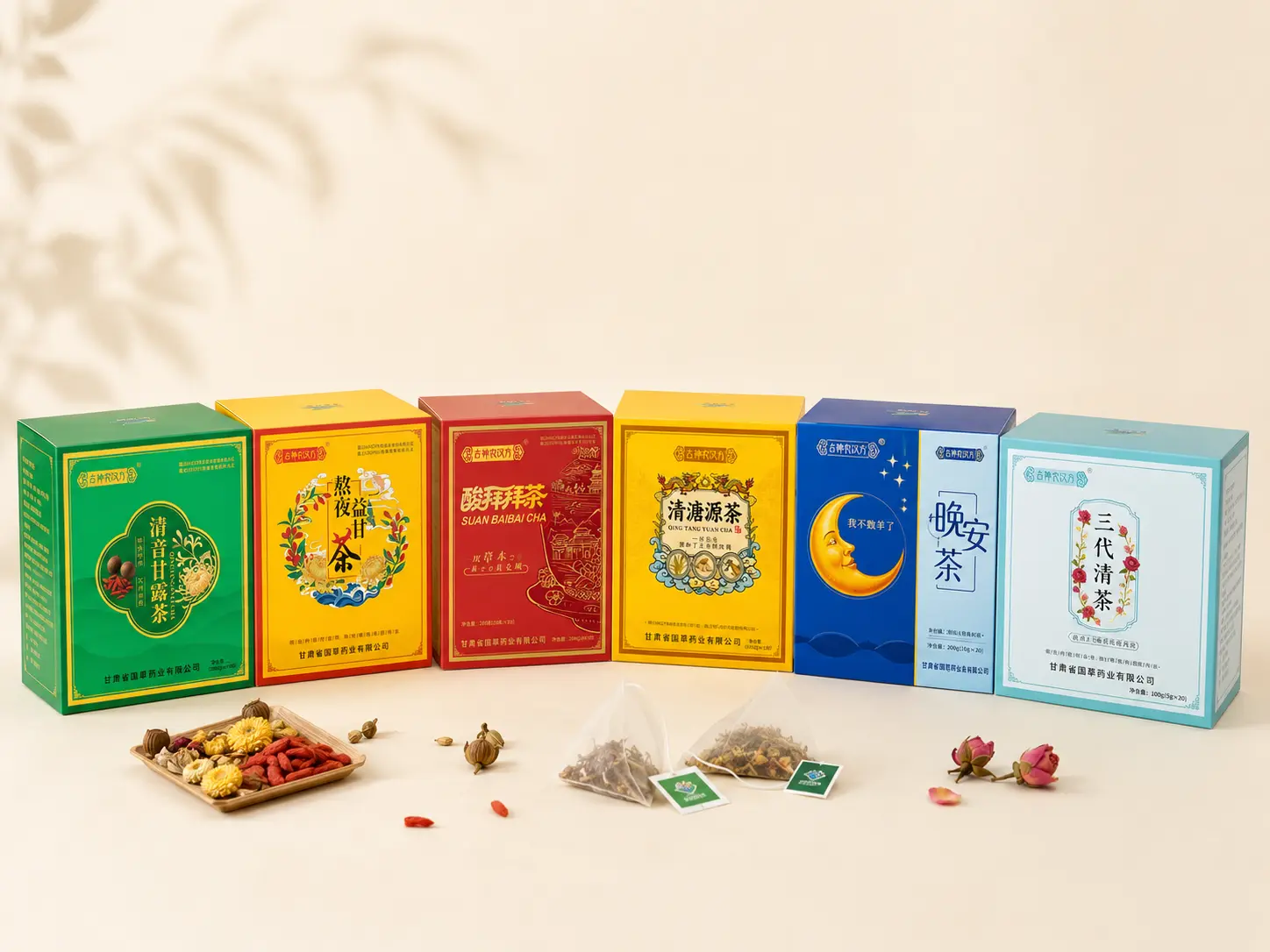 Ginger, rose, peppermint, hibiscus and lavender herbal tea bag pouches available for private label packing