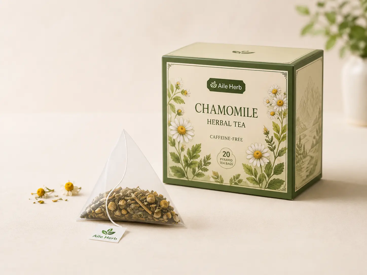 Ginger, rose, peppermint, hibiscus and lavender herbal tea bag pouches available for private label packing