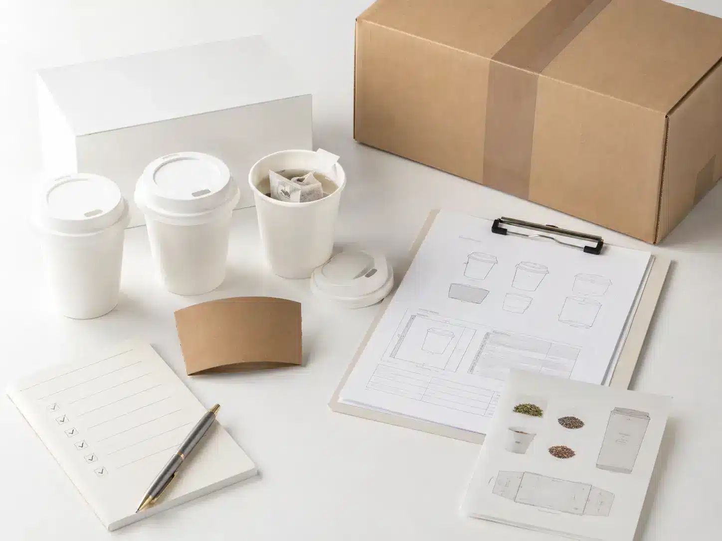 Buyer inquiry checklist form next to sample tea-in-cup cups for herbal tea-in-cup OEM