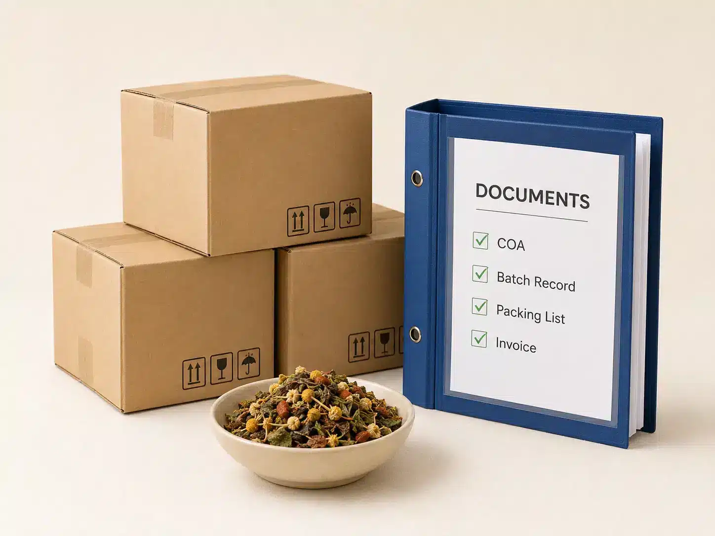 Shipping cartons, a bowl of herbal tea leaves and a documents binder with COA batch record packing list and invoice
