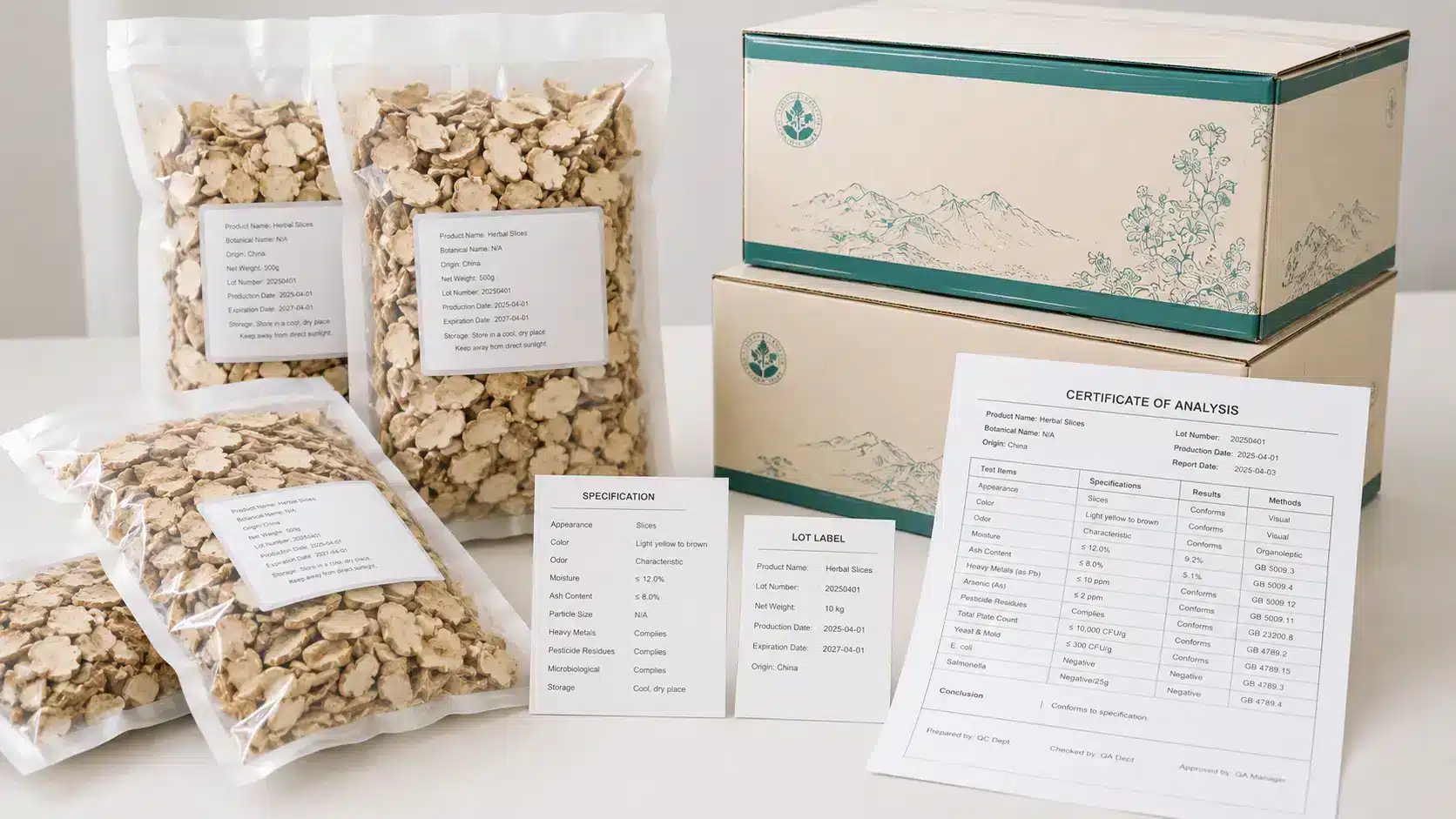 Certificate of Analysis document beside a branded herbal slice pouch and labeled shipping carton