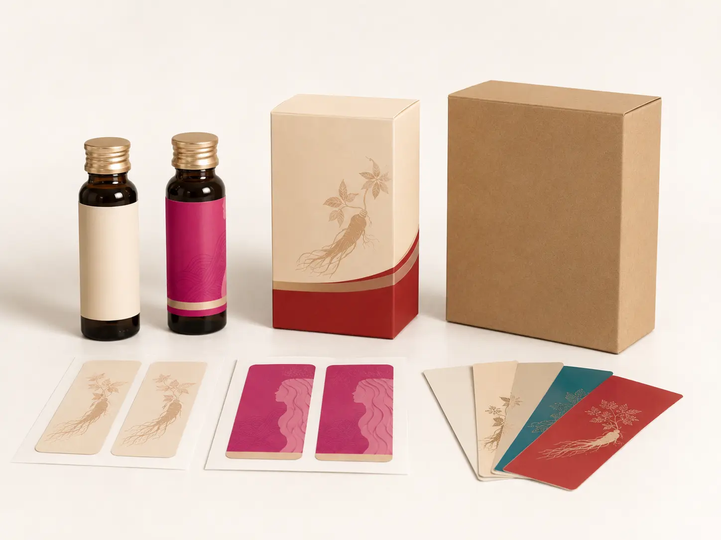 Glass bottles, a roll of blank labels and a shipping carton for private label herbal postbiotic drinks