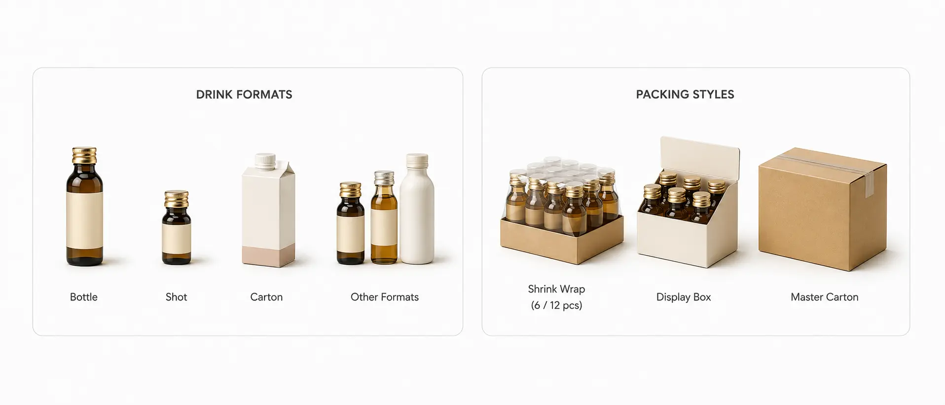 Bottle, shot, carton and other format options for private label herbal postbiotic drinks