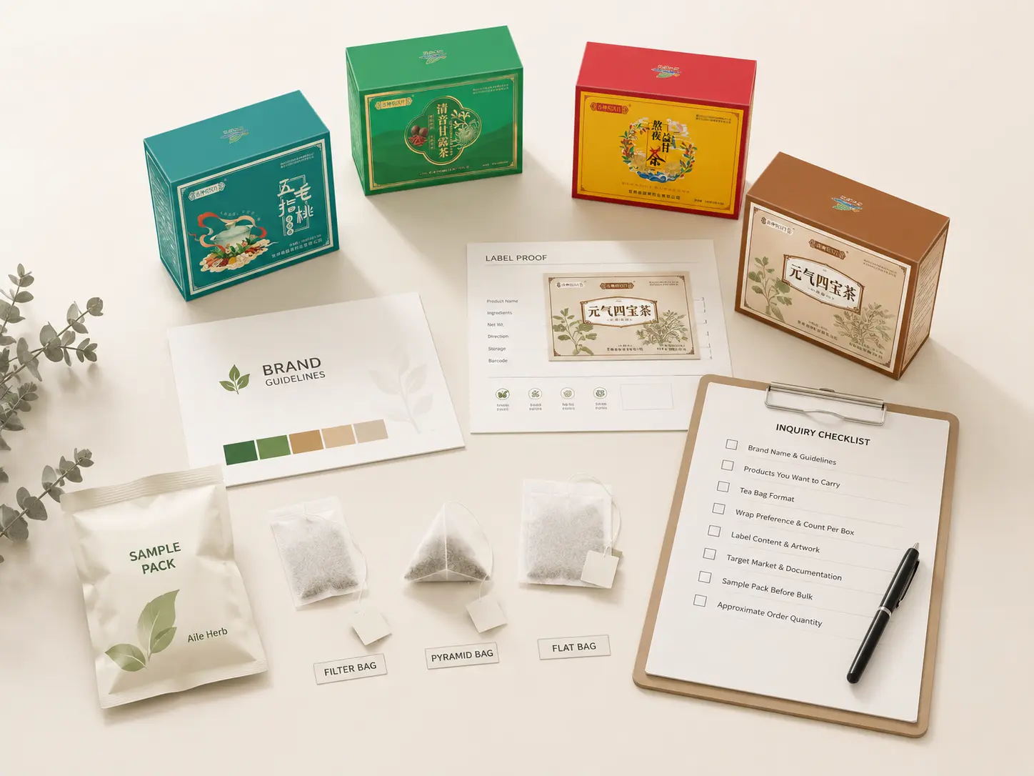 Buyer inquiry checklist form for private label herbal tea bags next to sample tea bag pouches