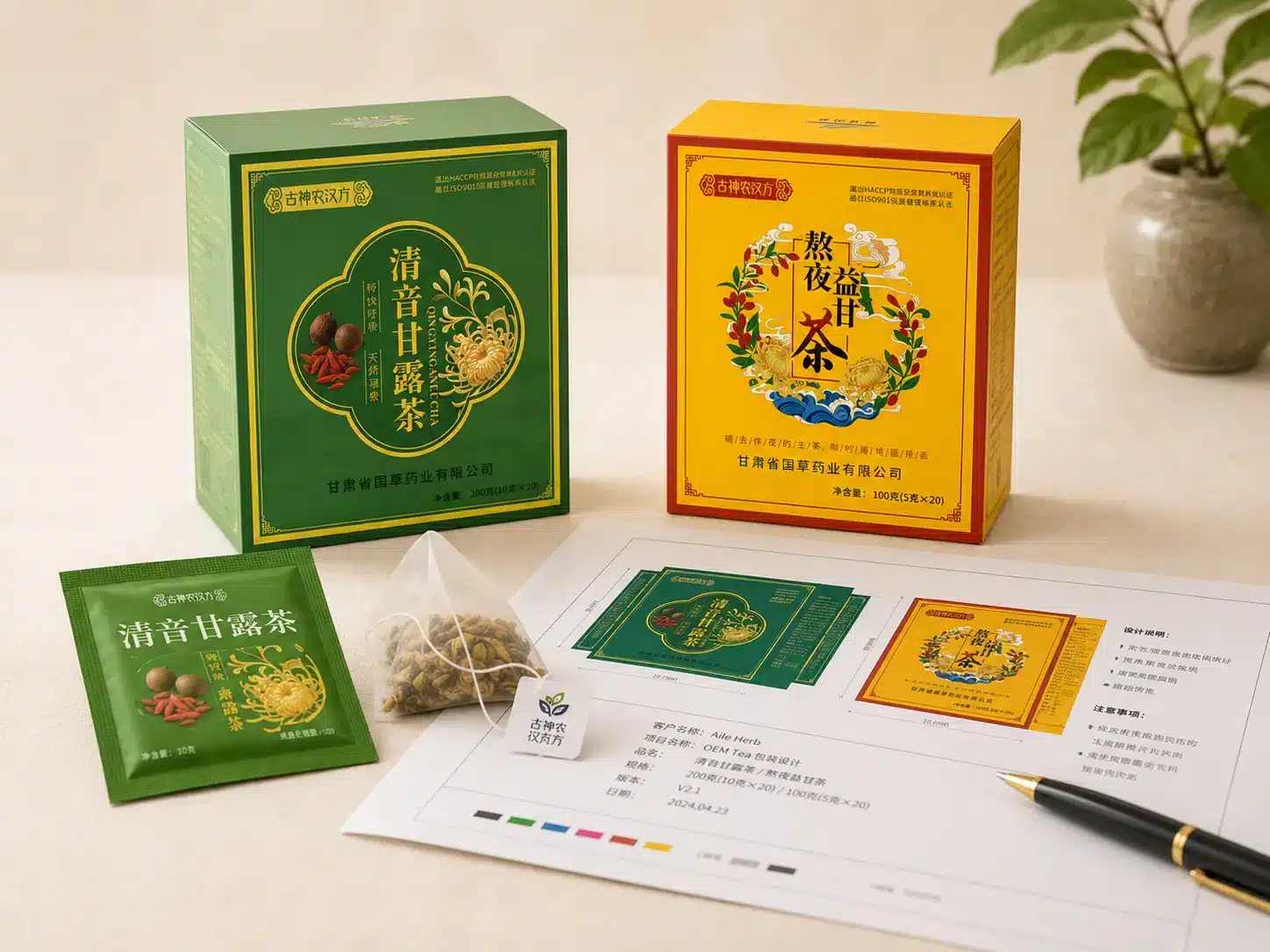 Herbal tea bag boxes, a shipping carton, and a documents binder with COA, batch record, packing list and invoice