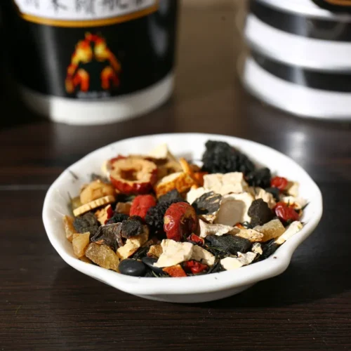 Red date black soybean mulberry herbal tea in cup package display
