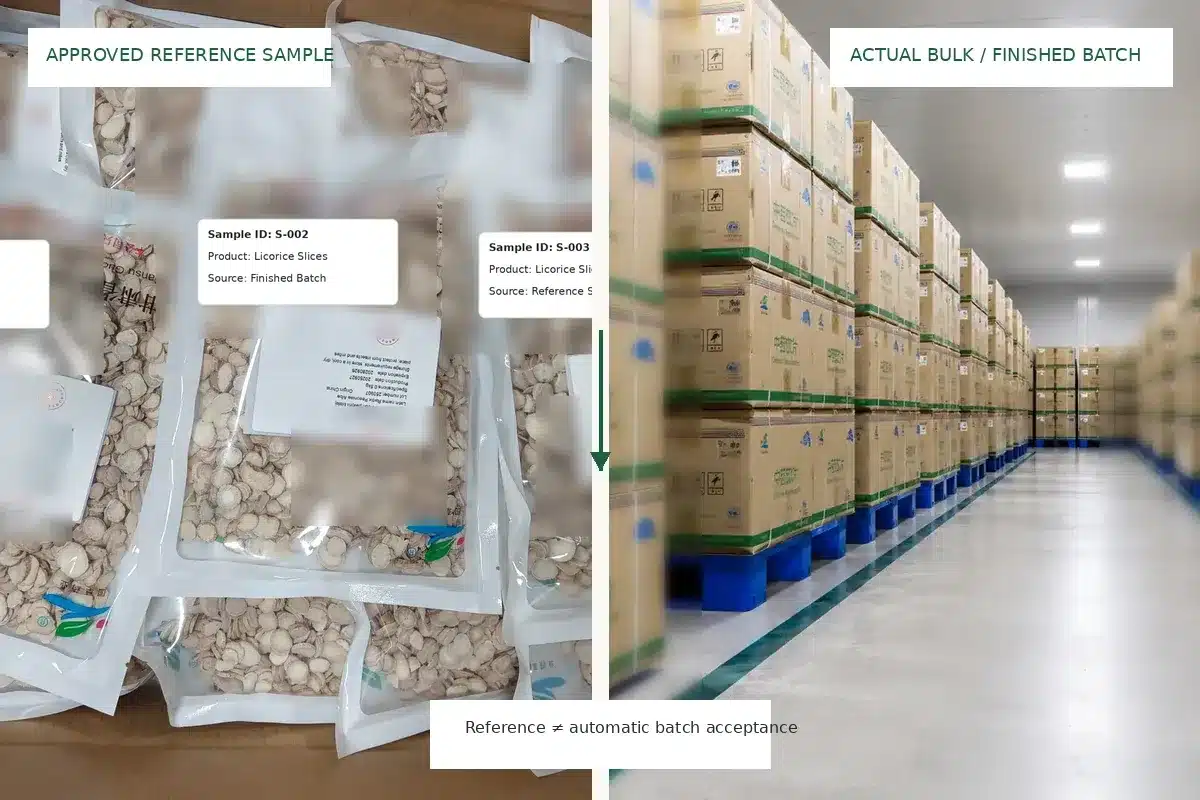 Approved herbal reference sample beside labeled bulk material