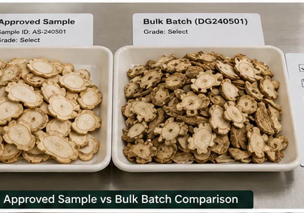 Side by side comparison of approved sample and bulk batch Chinese herbal slices for quality review