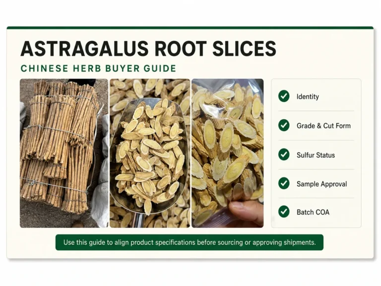 Astragalus root slices and whole roots for bulk buyer specification and quality review