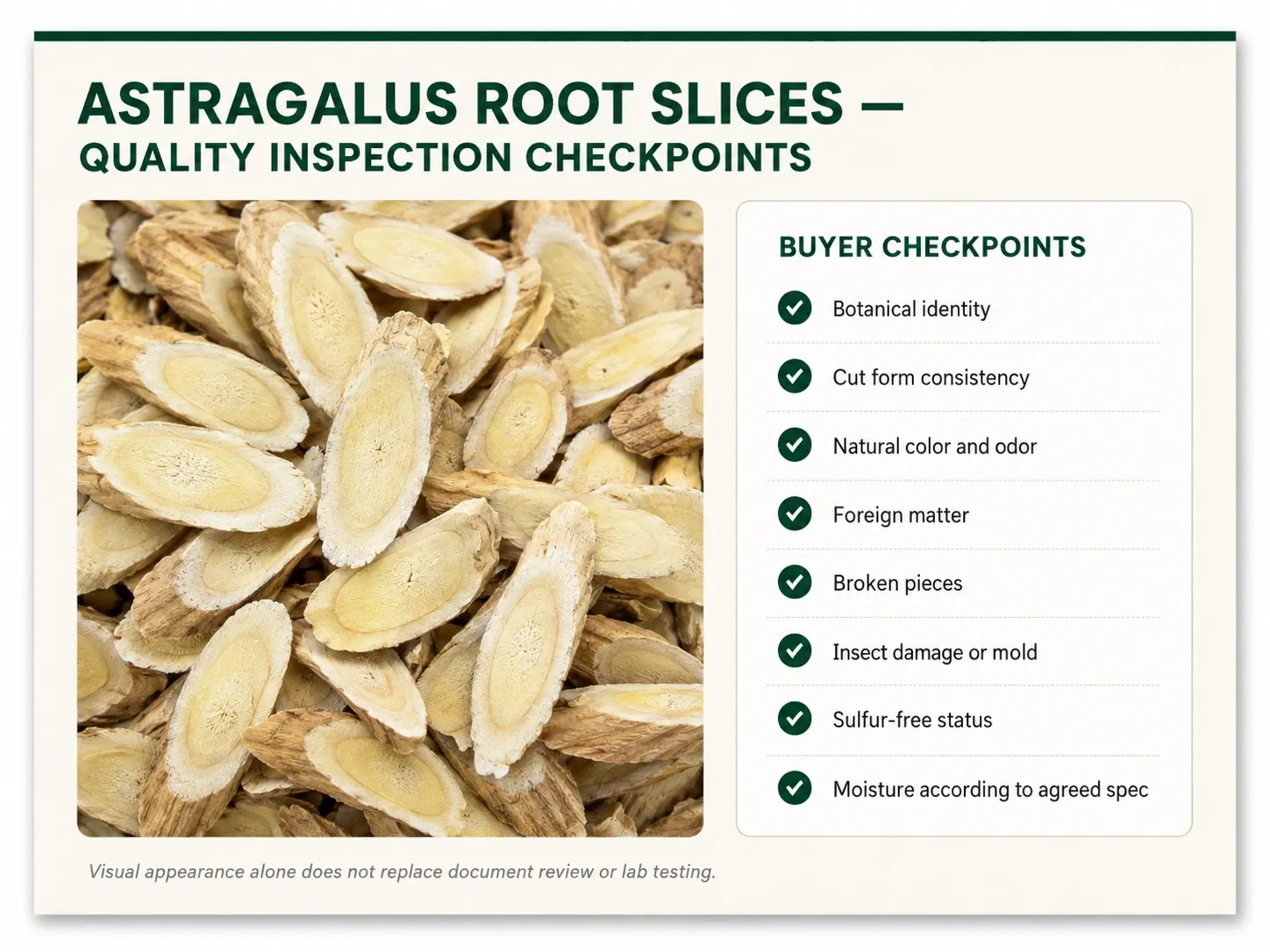 Astragalus root slices physical inspection checkpoints for thickness size color and broken pieces