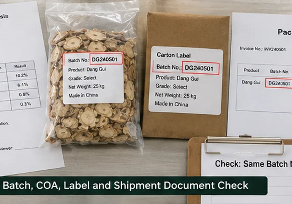 Batch COA label and shipment document check for Chinese herbal slice pre shipment review