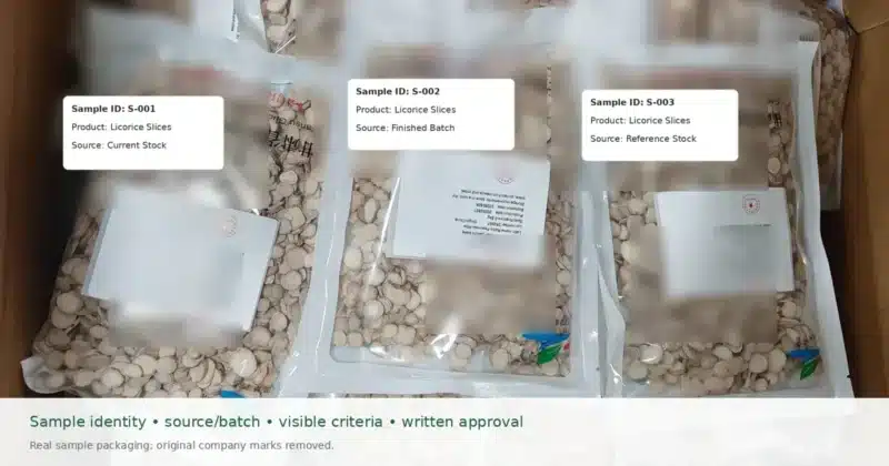 Labeled botanical ingredient samples prepared for bulk purchase approval