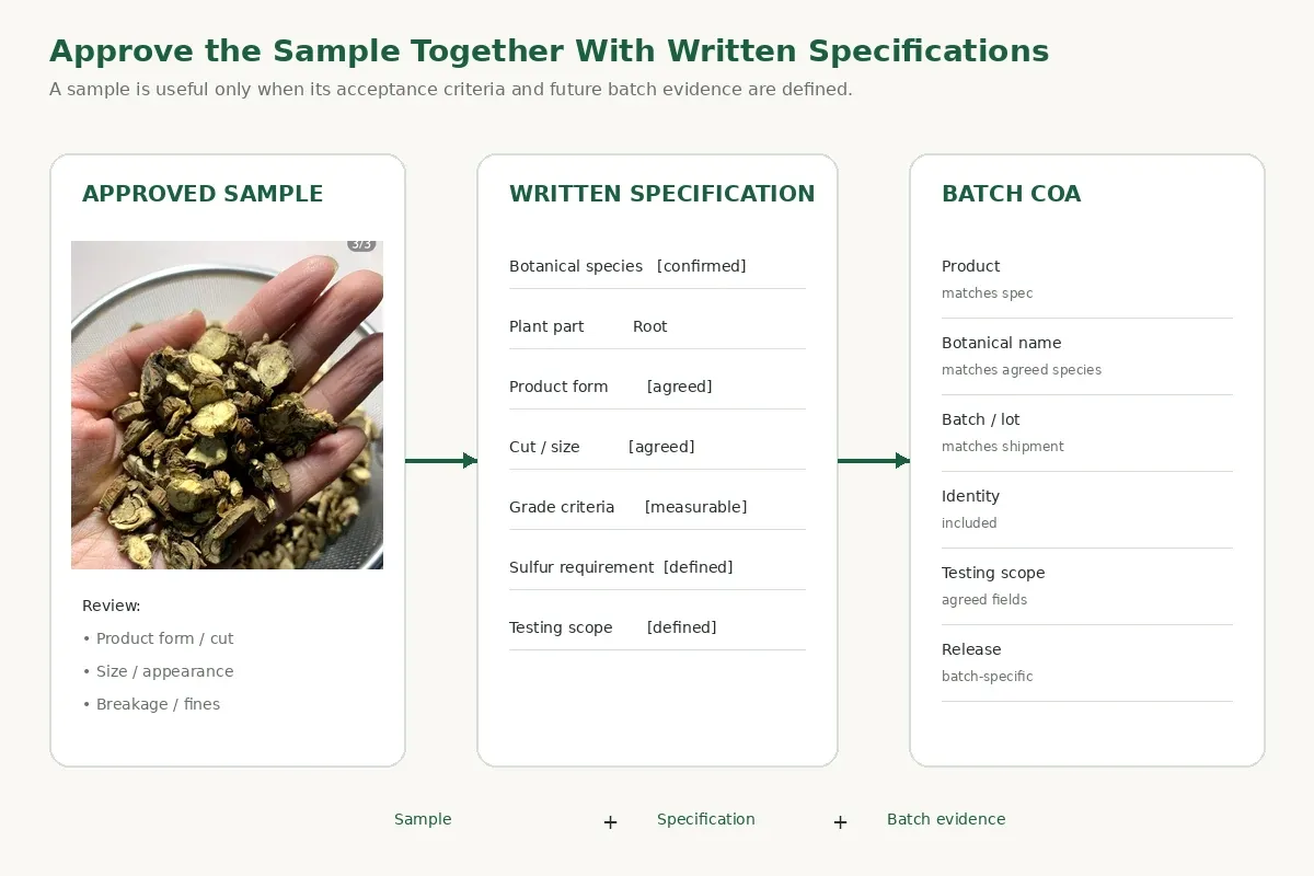 Bupleurum approved sample specification and batch COA reviewed together