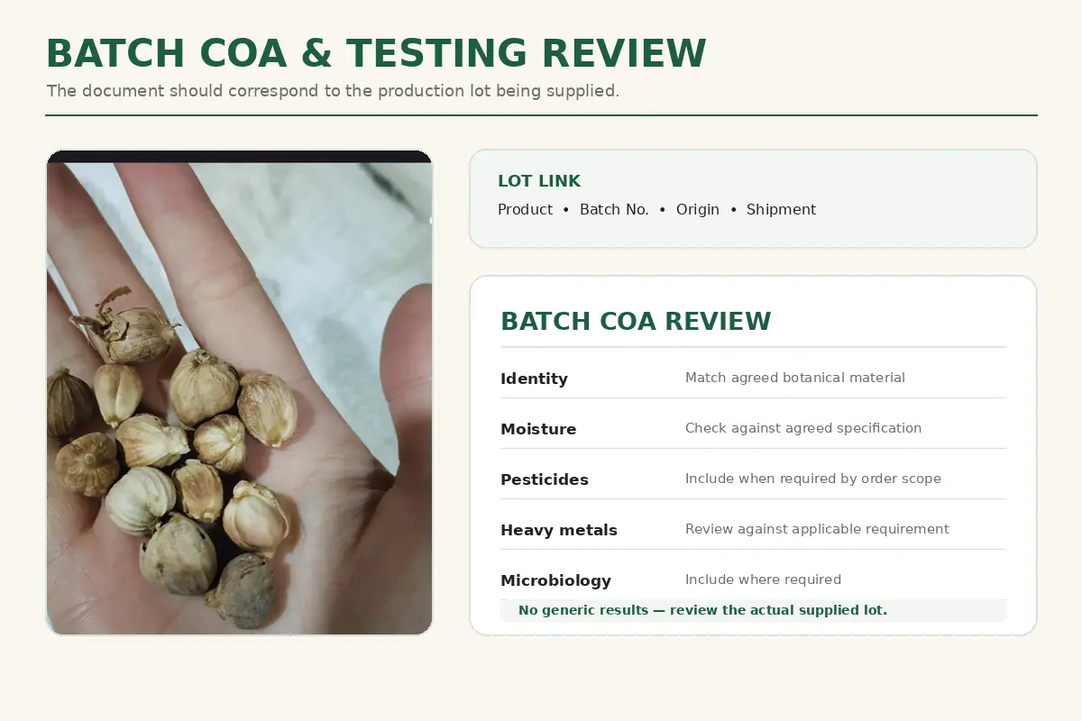 Cardamom Fruit batch COA and testing documents reviewed against the supplied lot