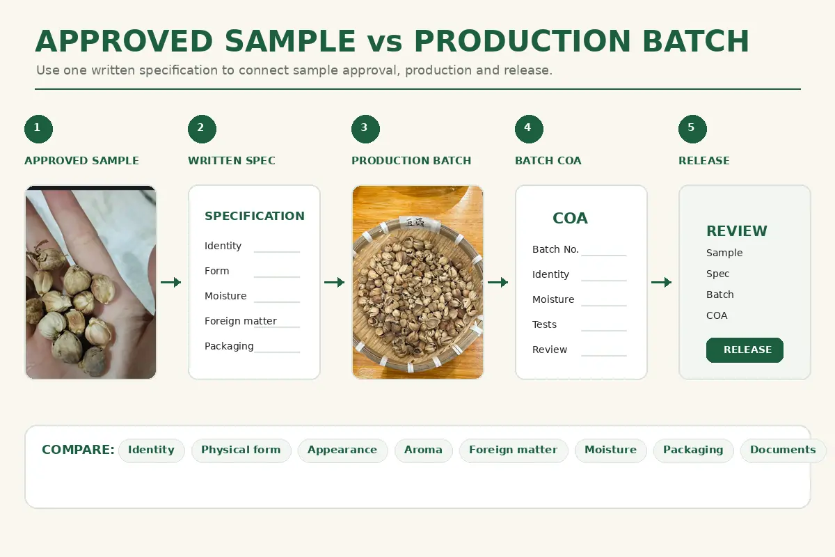 Approved Cardamom Fruit sample compared with production batch specification and COA