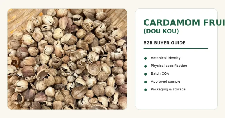 Cardamom Fruit Dou Kou whole fruits opened for botanical identity and bulk specification review