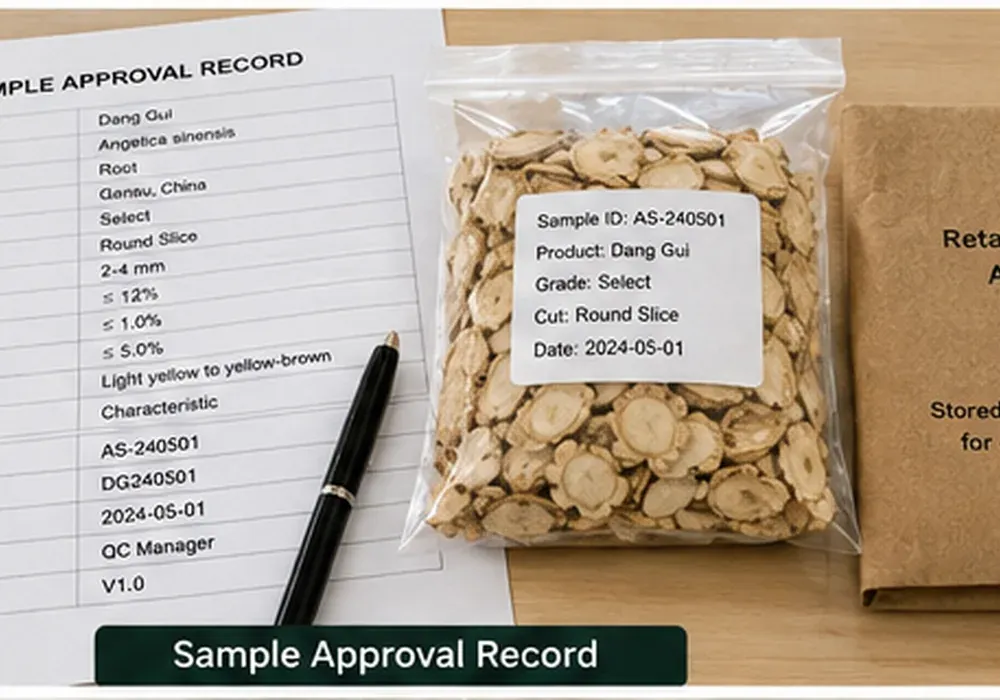 Chinese herbal slice sample approval record with specification sheet sample label and retained sample