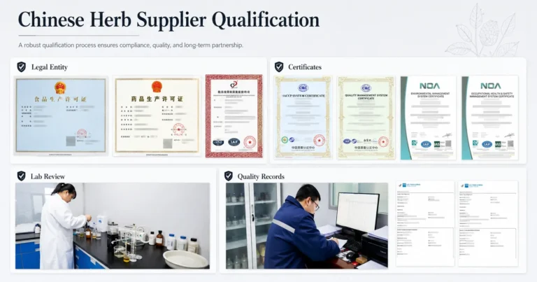 Chinese herbal ingredient supplier qualification documents with product sample and batch COA