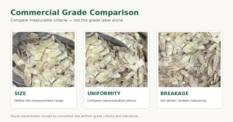 Three sorted lots of Chinese herbal slices showing commercial presentation differences
