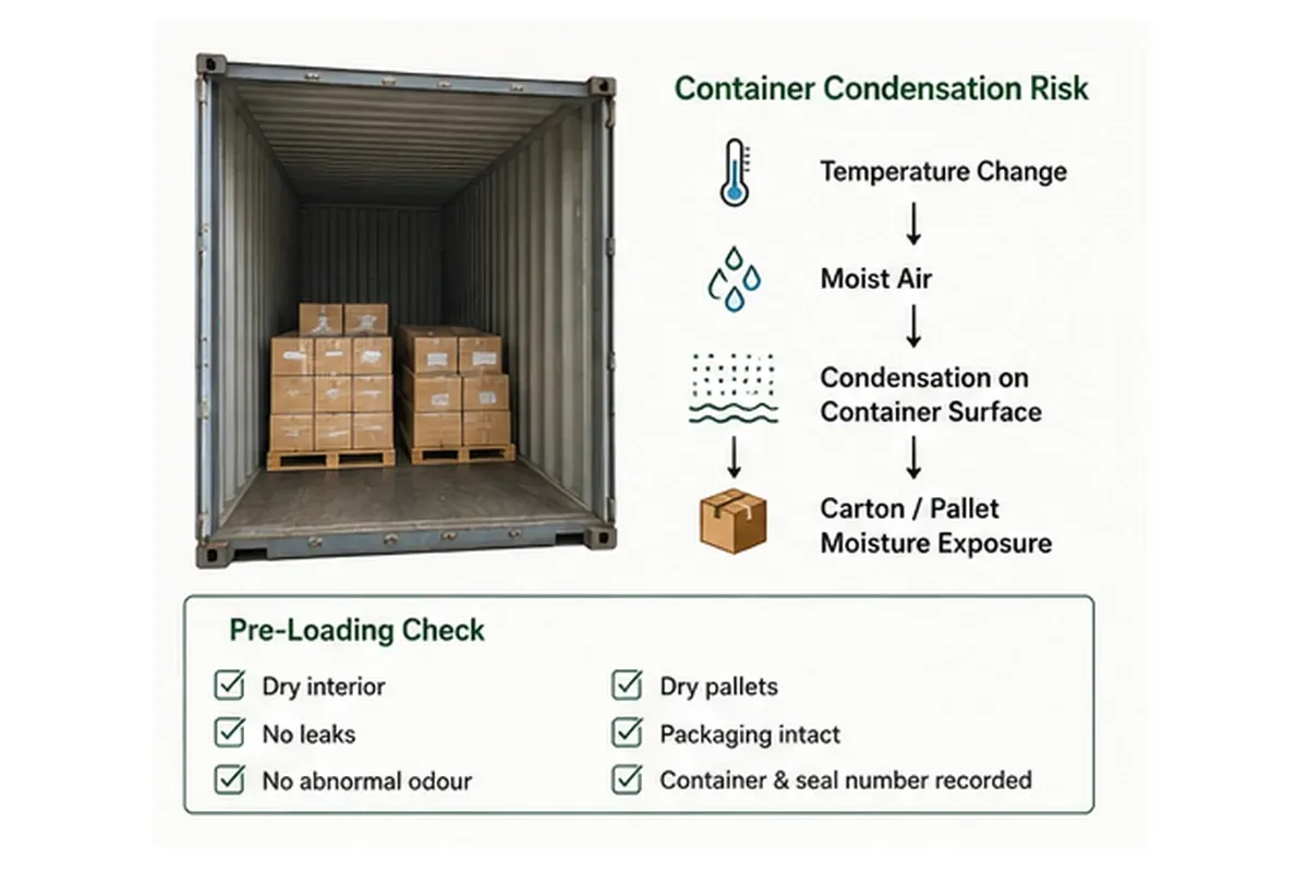 Container condensation risk and pre-loading inspection for dried herbal ingredients