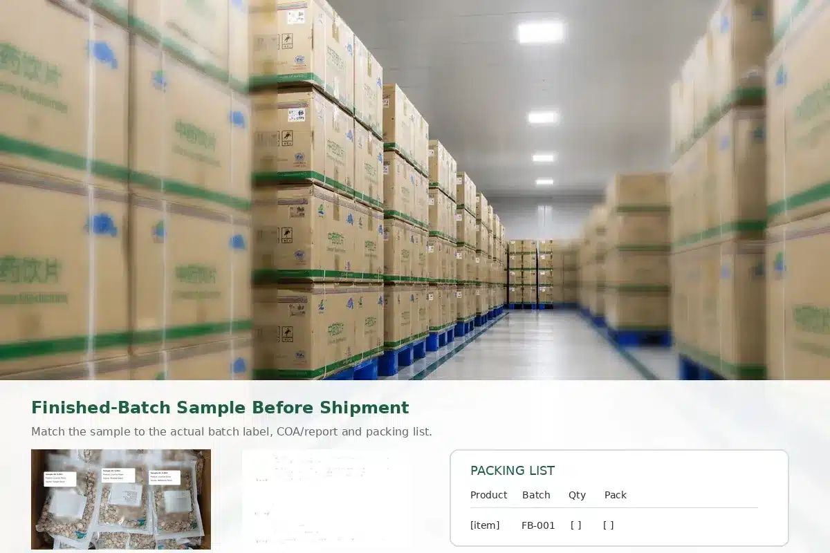 Finished-batch herbal sample linked to shipment label and documents
