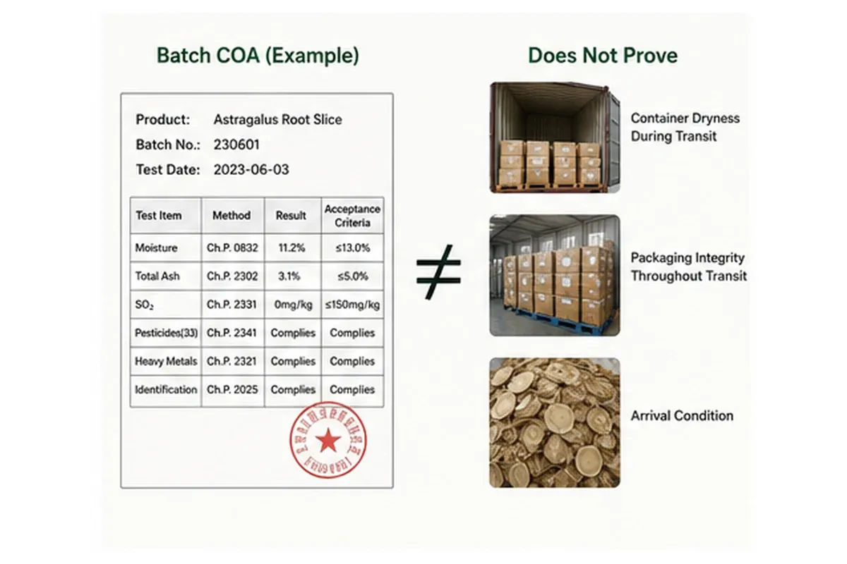 Batch COA compared with packaging transport and arrival condition checks for herbal ingredients