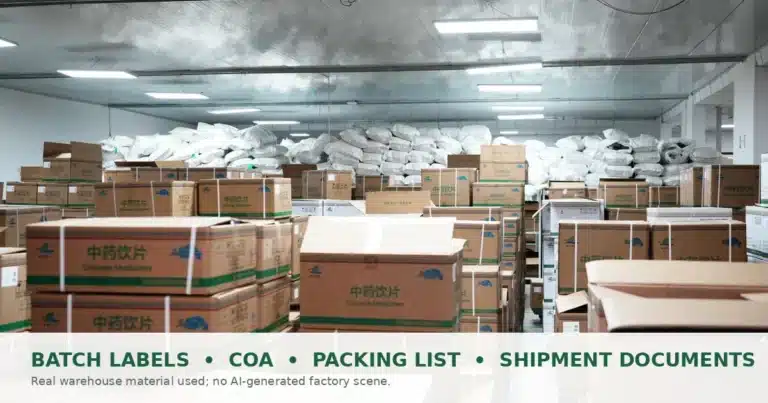 Labeled bulk herbal ingredient cartons matched with batch COA and shipment documents