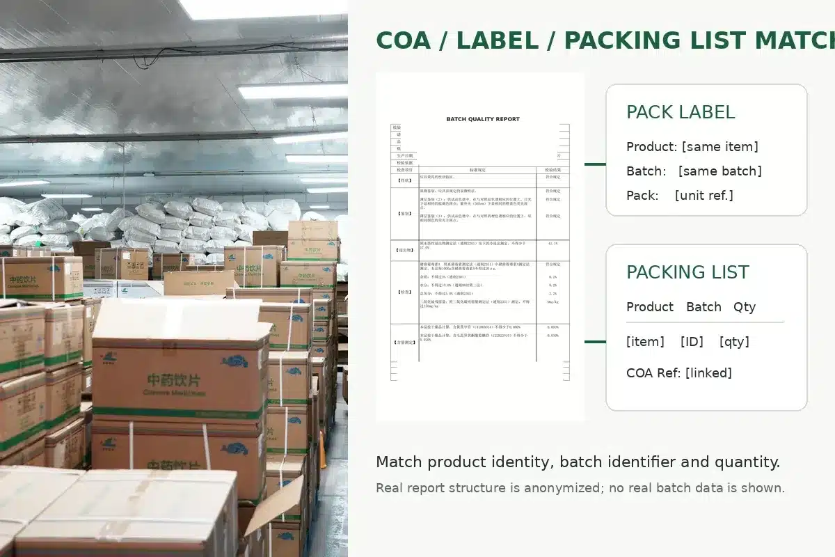 Herbal ingredient batch number matched across COA packing label and packing list